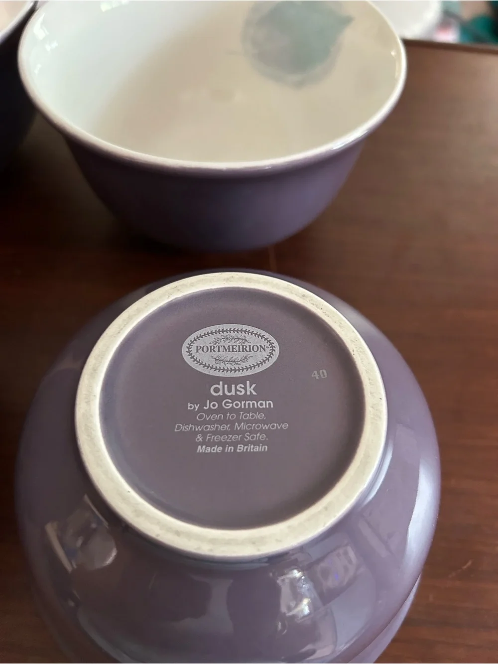 NWOT Portmeirion “Dusk” set a four cereal or rice  Bowls. Lavender and white.